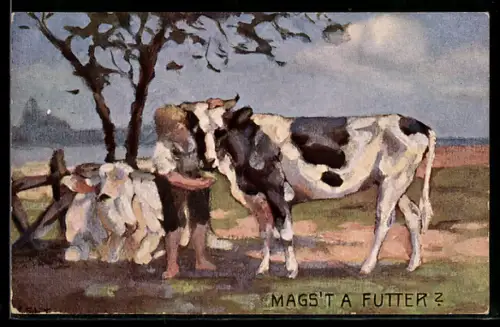 AK Magst a Futter, Junge versucht eine Kuh zu füttern