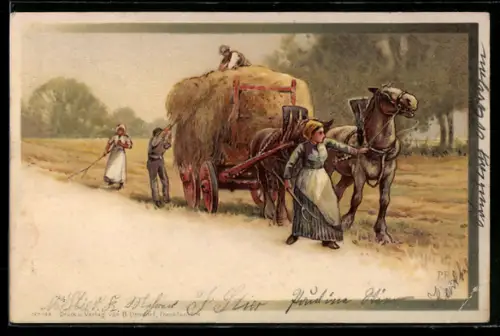 Lithographie Pferdegespann zieht Heuwagen