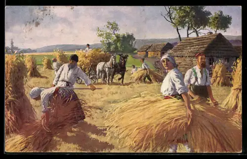 AK Deutsche ernten Getreide im Feindesland