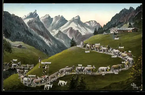 Künstler-AK Eugen Felle: Aufzug auf die Alm, Viehhirten