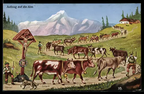 Künstler-AK Hans Boettcher: Kühe mit Hirten beim Aufzug auf die Alm