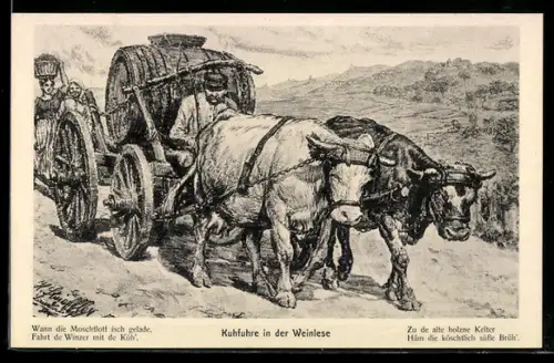 Künstler-AK sign. H. Strieffler: Kuhfuhre in der Weinlese