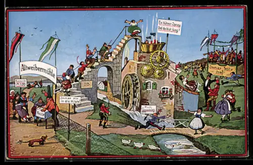 Künstler-AK Hans Boettcher: Männer bringen ihre alten Frauen zur Altweibermühle und erhalten dafür junge Frauen