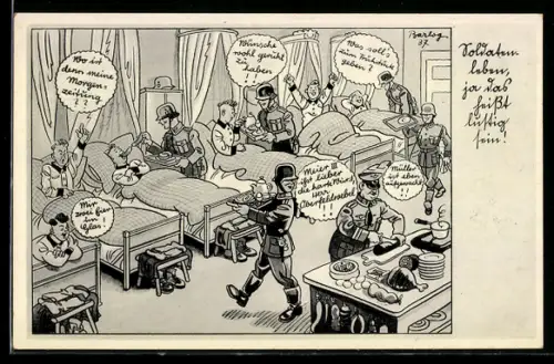 Künstler-AK Ferdinand Barlog: Soldatel lassen sich im Schlafsaal bedienen - Karikatur