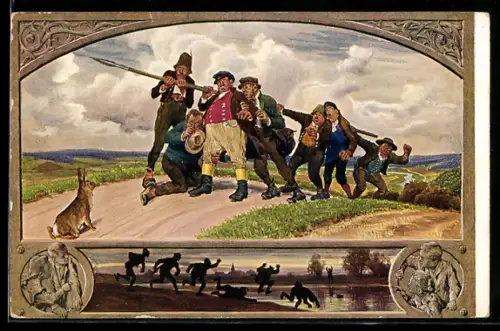 Künstler-AK P. Hey: Die sieben Schwaben mit Speer, sie flüchten vor Hasen ins Wasser