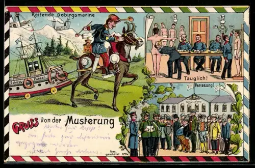 AK Gruss von der Musterung, Soldat zu Pferd zieht Verpflegungsschiff hinter sich her, Tauglichkeitsprüfung, Verlesung
