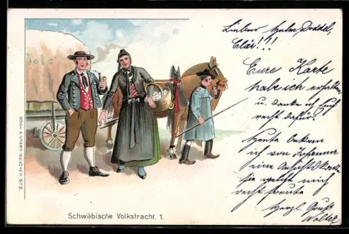 AK Paar in schwäbischer Volkstracht neben einer Pferdekutsche