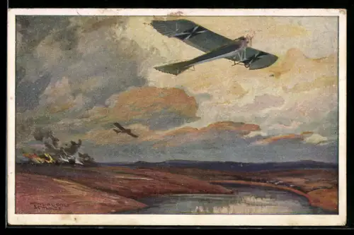 Künstler-AK Hans Rudolf Schulze, deutsches Flugzeug Militärtaube über den Masurischen Seen