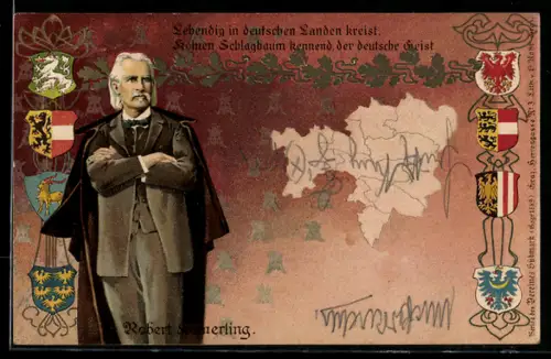 AK Portrait des Dichter's Robert Hamerling, versch. Wappen