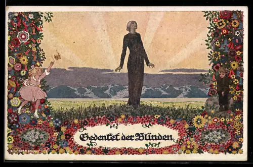 Künstler-AK Ernst Kutzer: Blinde Frau steht auf einer Blumenwiese, Gedenket den Blinden