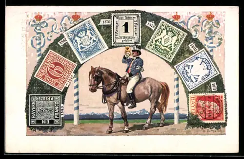 Künstler-AK Briefmarken, Reiter mit Horn auf seinem Pferd