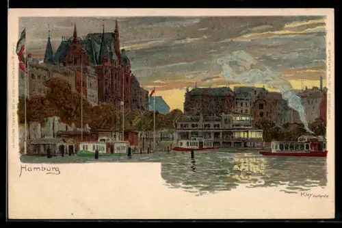 Künstler-AK Heinrich Kley: Hamburg, Dampfer an einem Anleger