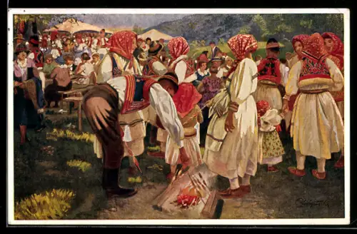 Künstler-AK kroatische Nationaltracht, Bauer grillt Fleischspiesse über Lagerfeuer