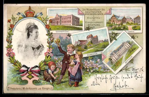 Lithographie Wittlich, Einweihung des Krieger-Waisenhauses 1904, Waisenhäuser des Deutschen Kriegerbundes, Kaiserin