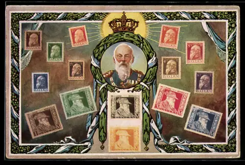 AK Porträt von Prinzregent Luitpold, bayrische Briefmarken