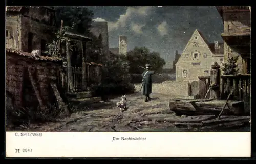 Künstler-AK Carl Spitzweg: Nachtwächter auf seinem Rundgang