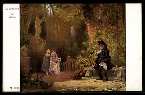Künstler-AK Carl Spitzweg: Witwer im Park schaut den jungen Damen nach
