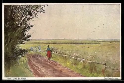 Künstler-AK Wohlgemuth & Lissner, Primus-Postkarte No. 3184, H. Engel, Herbstnachmittag, Frau spaziert