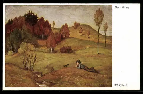 Künstler-AK Matthäus Schiestl: Vorfrühling, Knabe mit Vogel auf einer Wiese