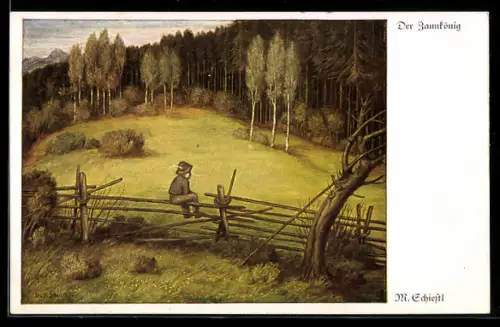 Künstler-AK Matthäus Schiestl: Der Zaunkönig, kleiner Junge auf einem Zaun sitzend