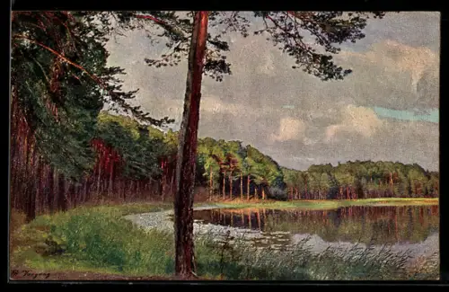 Künstler-AK Wohlgemuth & Lissner, Primus-Postkarte No. 3021: Uferpartie in der Mark