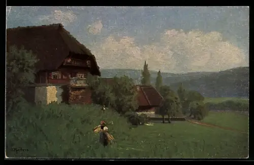 Künstler-AK E. Harbers: Bäuerin vor ihrem Haus