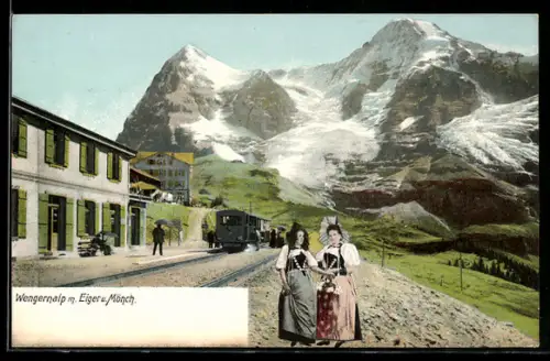 AK Wengernalp mit Eiger und Mönch, Bergbahn