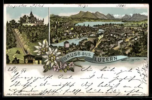 Lithographie Luzern, Panorama, Blick zur Burg