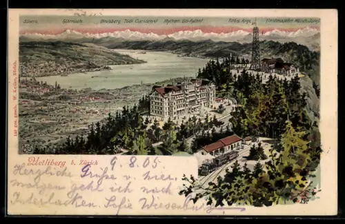 Lithographie Uetliberg b. Zürich, Hotel mit Eisenbahn, Bergpanorama mit Drusberg, Glärnisch und Säntis