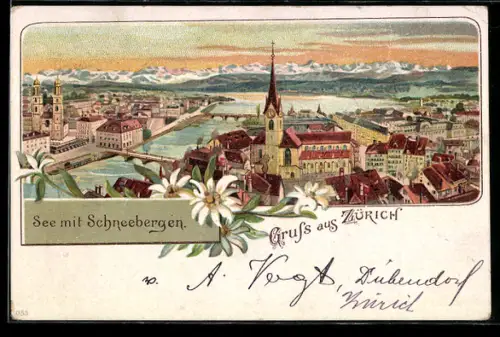 Lithographie Zürich, Panoramablick mit Kirche, See und Schneebergen