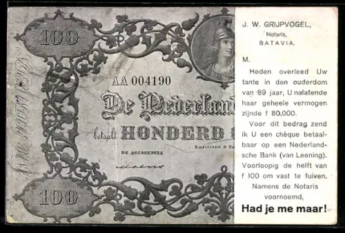 AK Had je me maar!, De Nederlandsche Bank betaalt 100 Gulden..., J. W. Grijpvogel, Notaris