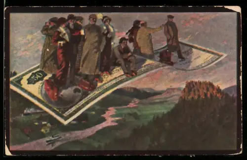 AK See the World on A.B.A. Cheques, Menschen fliegen auf einem Geldschein