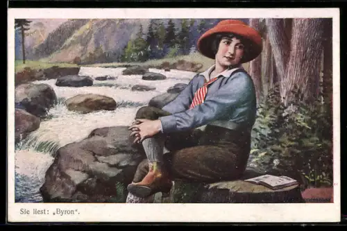 AK Frau sitzt am Wasserfall und liest Byron