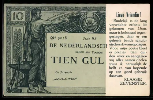 AK Lieve Vriendin!, De Nederlandsche Bank betaalt an Toonder Tien Gulden, Geldschein