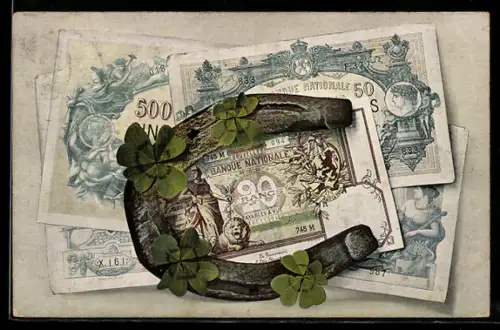 AK Geldscheine, Hufeisen u. Glücksklee