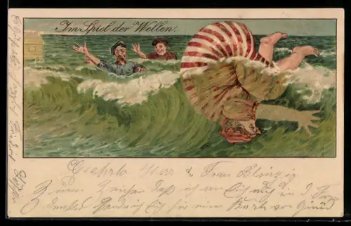 AK Im Spiel der Wellen, Dicke Frau macht unfreiwillig einen Purzelbaum im Wasser