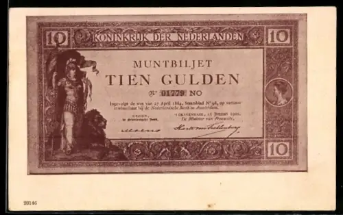 AK Muntbiljet Tien Gulden, Koninkrijk der Niederlanden, Geldschein