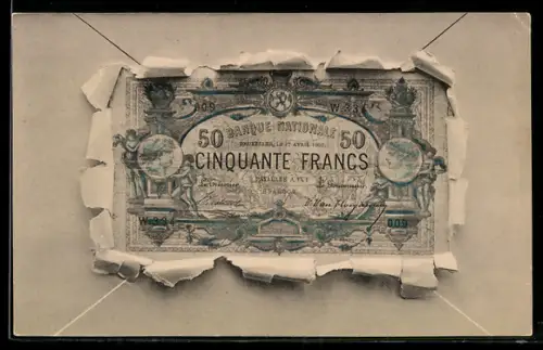 AK Francs, 50 Cinquante Geldschein durch zerrissenes Papier
