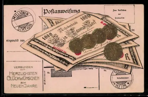 AK Postanweisung, 1000-Mark-Scheine, Münzen, Neujahrsgruss