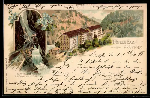 Lithographie Pfäfers, Hotel und Bad mit Taminaschlucht, Gorge de la Tamina