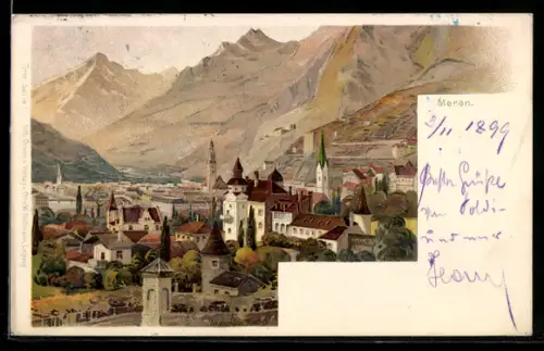 AK Meran, Ortsansicht aus der Vogelschau