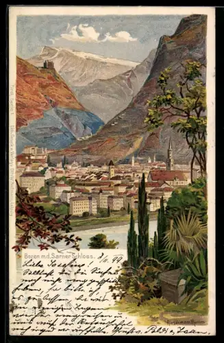 Künstler-AK sign.A. Hirschmann: Bozen, Gesamtansicht mit Sarner Schloss