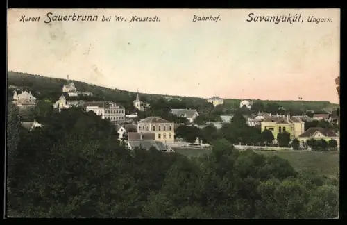 AK Sauerbrunn bei Wr.-Neustadt, Bahnhof und Ort aus der Ferne