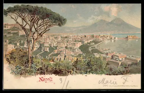 Lithographie Napoli, Gesamtansicht mit Blick zum Vesuv