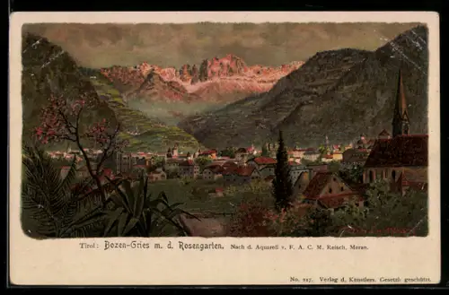 Künstler-AK F.A.C.M. Reisch: Bozen-Gries, Stadtansicht mit Rosengarten