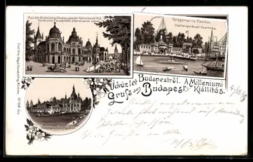 Lithographie Budapest, Rennaisance Hof, Kriegsmarine Pavillon, Communications Pavillon