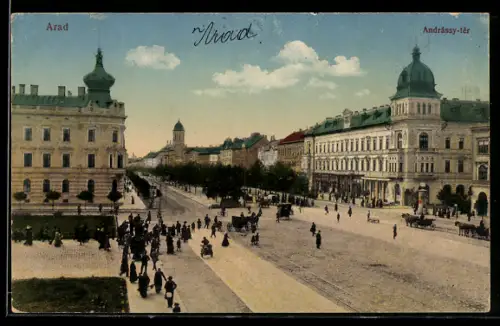 AK Arad, Andrássy-tér, Pferdekutschen