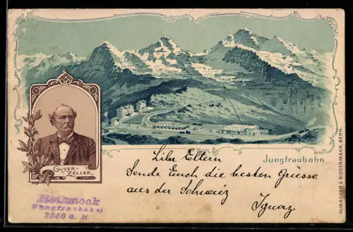 Lithographie Kleine Scheidegg, Jungfraubahn, Portrait Guyer-Zeller