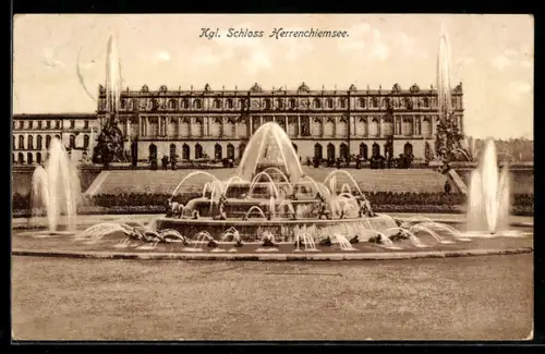 AK Schloss Herrenchiemsee, Totale mit Brunnen