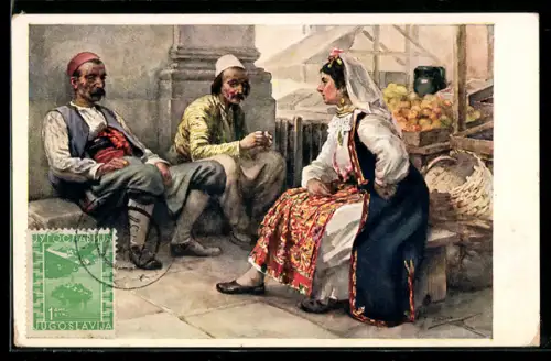 AK Junge Herzegovinerin in Trachten im Gespräch mit Männern